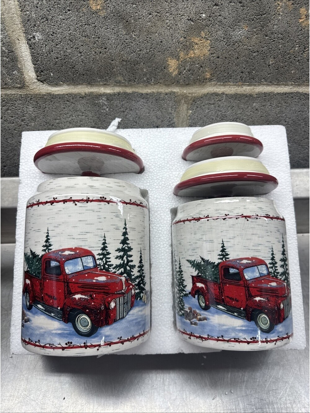 Vintage Red Pickup Ceramic Canister Set Of 3 Christmas Holiday Decor With Lids